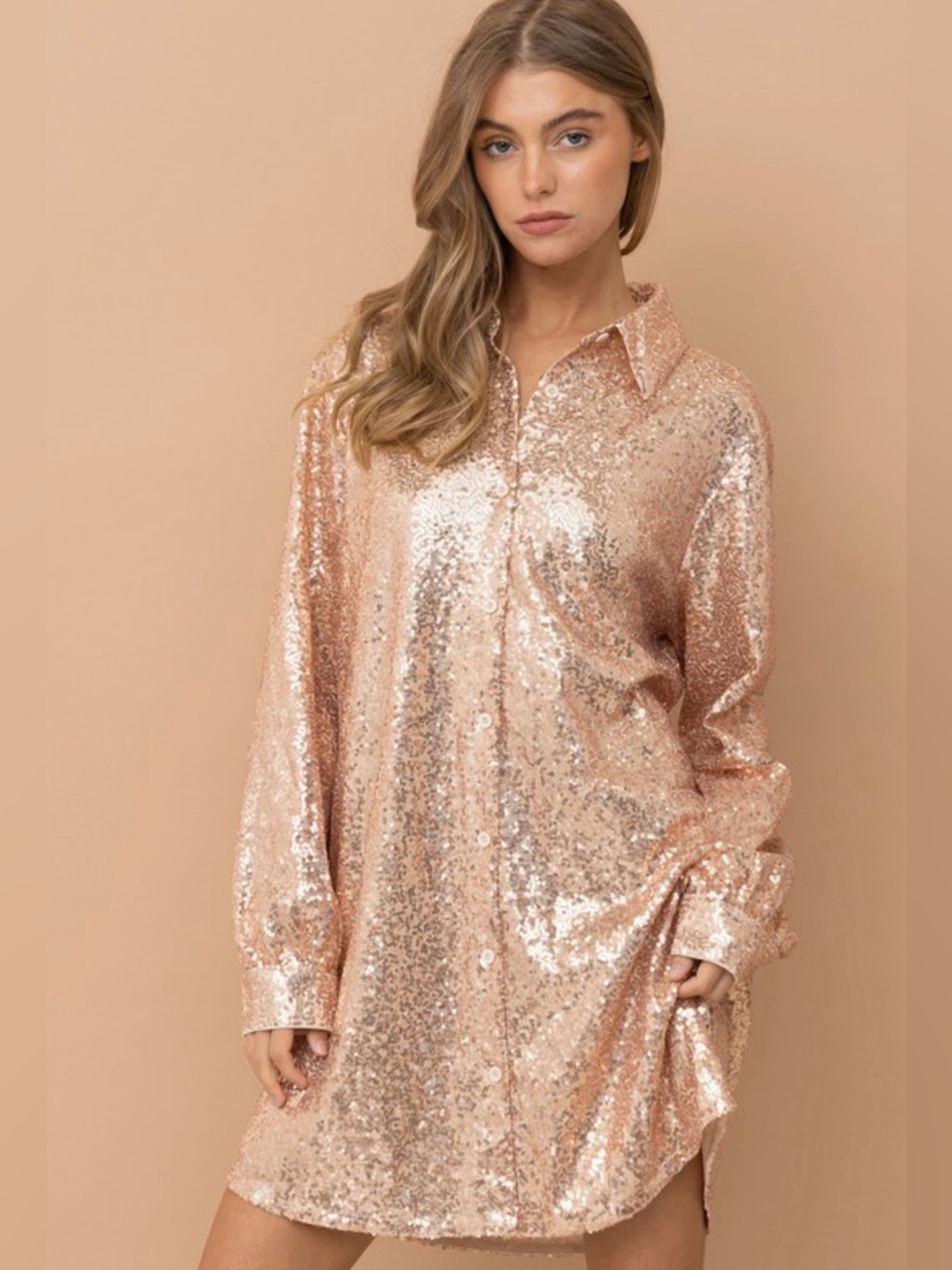 Rose Gold Sequin Shirt Dress